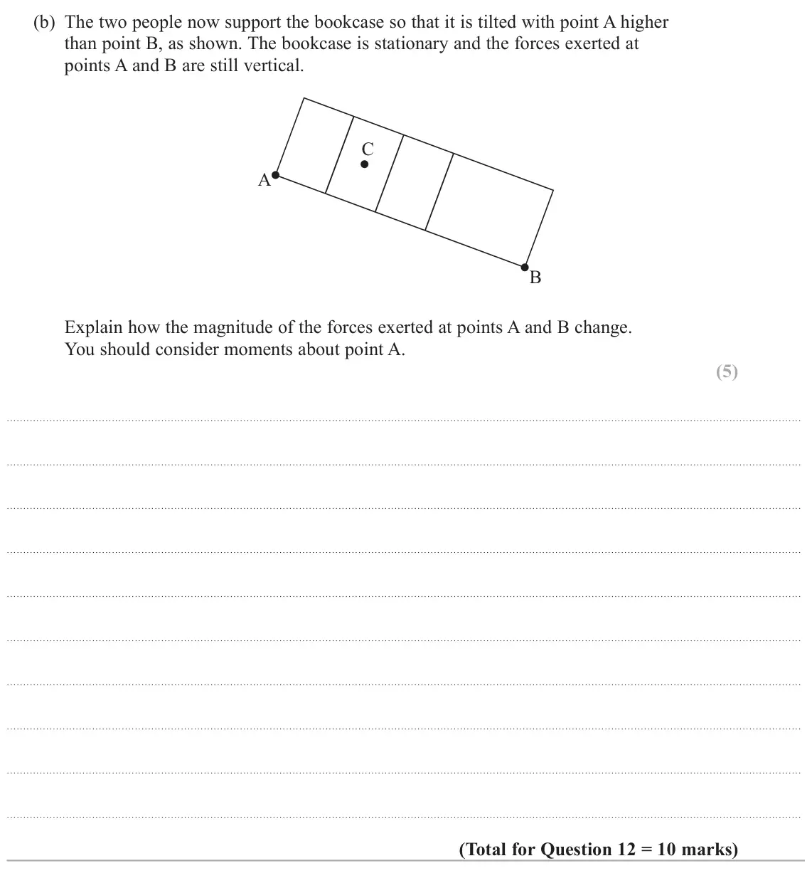 June 2025 AS Paper 1, question 12(b): The two people now support the bookcase so that it is tilted with point A higher than point B, as shown. The bookcase is stationary and the forces exerted at po