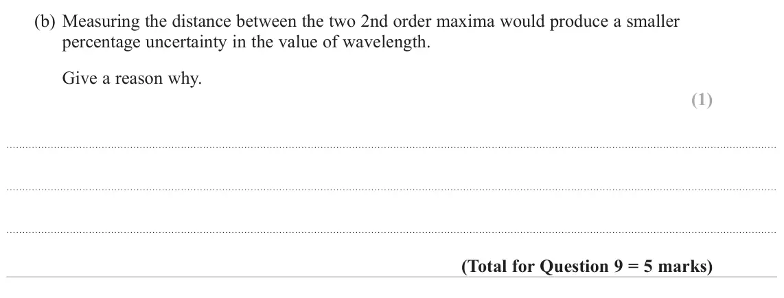 June 2022 AS Paper 2, question 9(b): Measuring the distance between the two 2nd order maxima would produce a smaller percentage uncertainty in the value of wavelength. Give a reason why. (1)