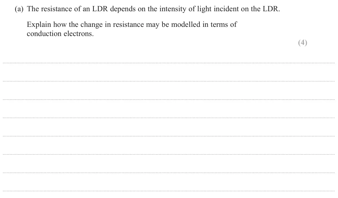 June 2022 AS Paper 2, question 17(a): The resistance of an LDR depends on the intensity of light incident on the LDR. Explain how the change in resistance may be modelled in terms of conduction elec