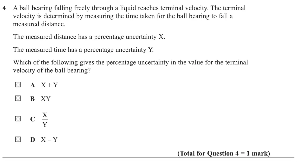 June 2023 AS Paper 2, question 4: A ball bearing falling freely through a liquid reaches terminal velocity. The terminal velocity is determined by measuring the time taken for the ball bearing t