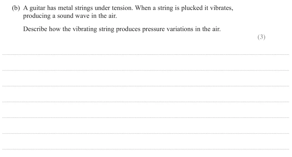 June 2023 AS Paper 2, question 12(b): A guitar has metal strings under tension. When a string is plucked it vibrates, producing a sound wave in the air. Describe how the vibrating string produces pr