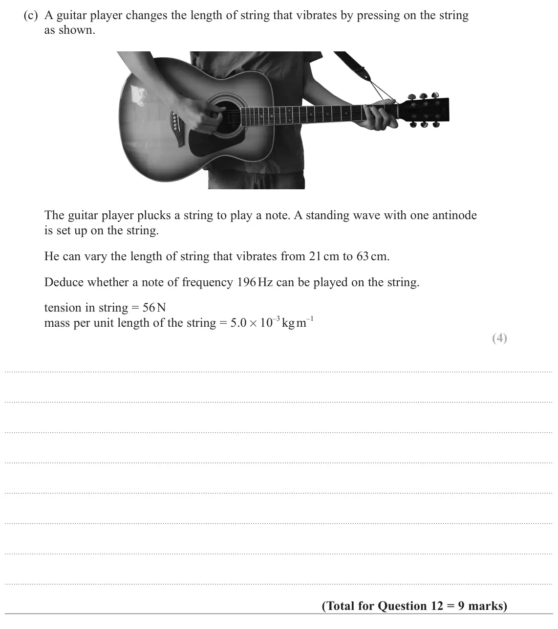 June 2023 AS Paper 2, question 12(c): A guitar player changes the length of string that vibrates by pressing on the string as shown. The guitar player plucks a string to play a note. A standing wave