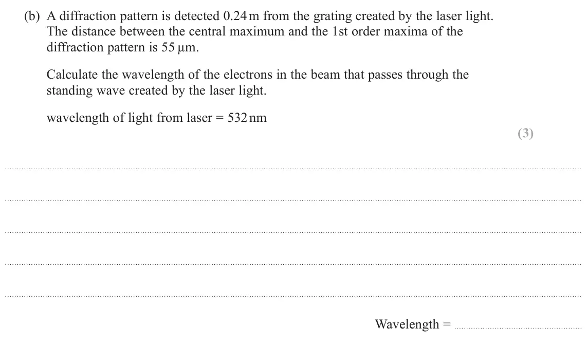 June 2023 AS Paper 2, question 15(b): A diffraction pattern is detected 0.24 m from the grating created by the laser light. The distance between the central maximum and the 1st order maxima of the d