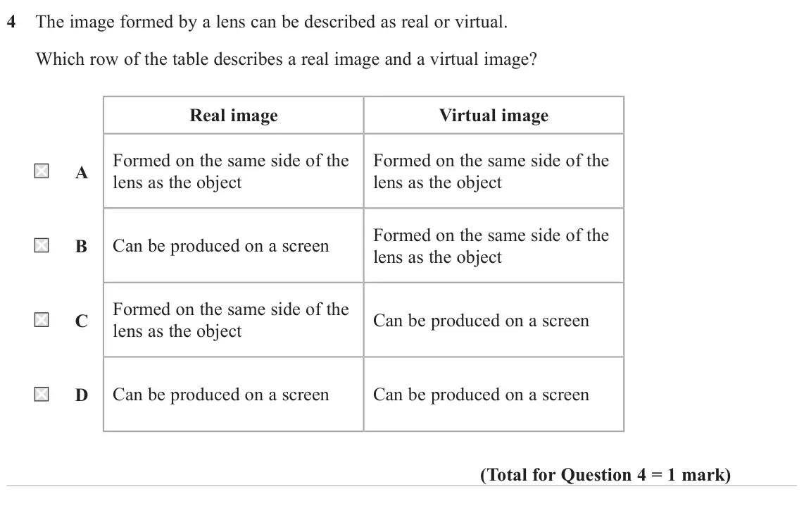 June 2024 AS Paper 2, question 4: The image formed by a lens can be described as real or virtual. Which row of the table describes a real image and a virtual image? Real image Virtual image Form