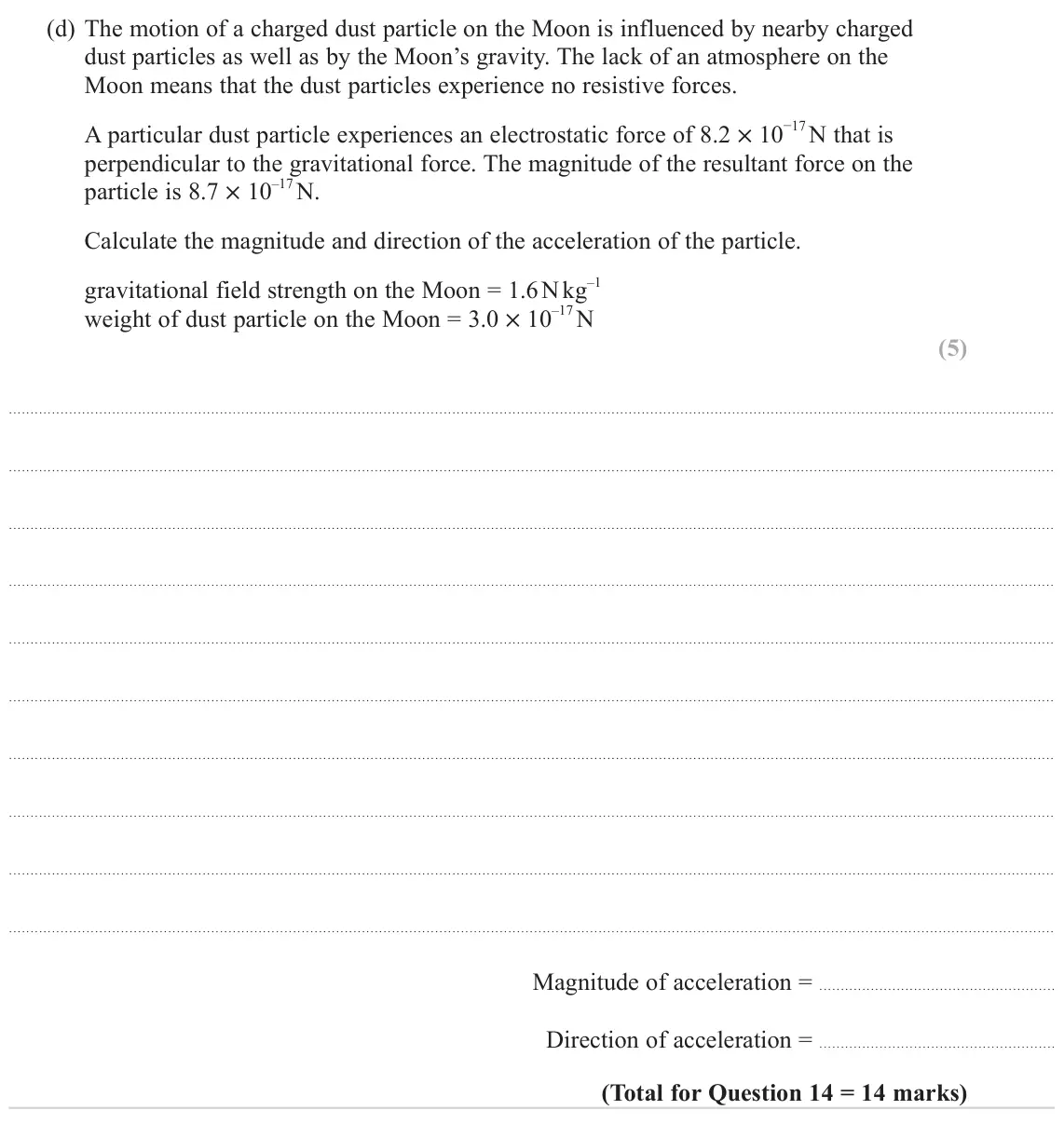 June 2024 AS Paper 2, question 14(d): The motion of a charged dust particle on the Moon is influenced by nearby charged dust particles as well as by the Moon’s gravity. The lack of an atmosphere on