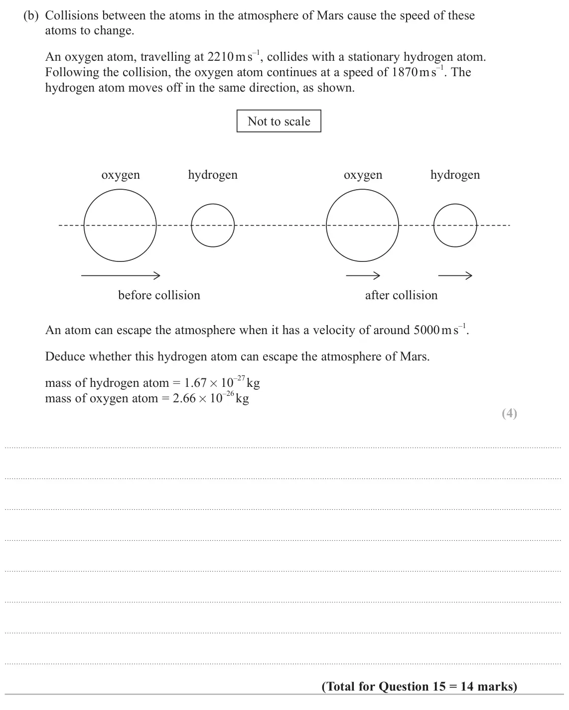June 2025 AS Paper 2, question 15(b): Collisions between the atoms in the atmosphere of Mars cause the speed of these atoms to change. An oxygen atom, travelling at 2210 m s –1, collides with a stat