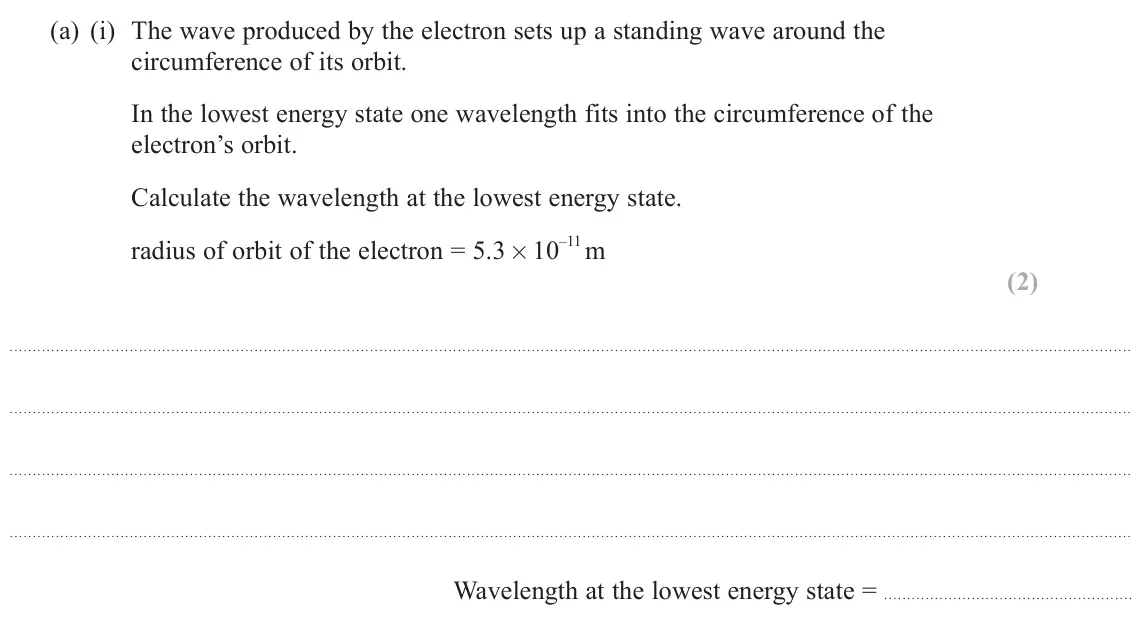 June 2025 AS Paper 2, question 16(a)(i): The wave produced by the electron sets up a standing wave around the circumference of its orbit. In the lowest energy state one wavelength fits into the circumf