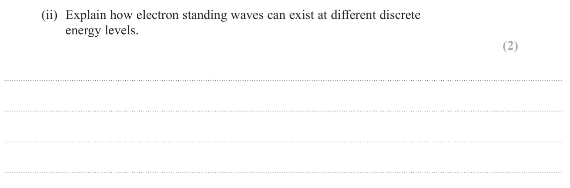 June 2025 AS Paper 2, question 16(a)(ii): Explain how electron standing waves can exist at different discrete energy levels. (2)