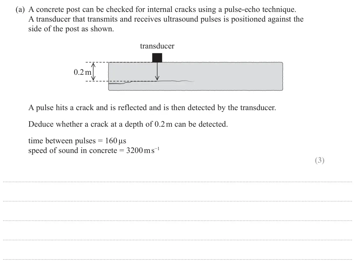 November 2021 AS Paper 2, question 10(a): A concrete post can be checked for internal cracks using a pulse-echo technique. A transducer that transmits and receives ultrasound pulses is positioned agains