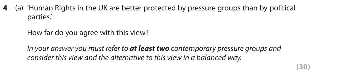 June 2019 AS Paper 1, question 4(a): ‘Human Rights in the UK are better protected by pressure groups than by political parties.’ How far do you agree with this view? In your answer you must refer t