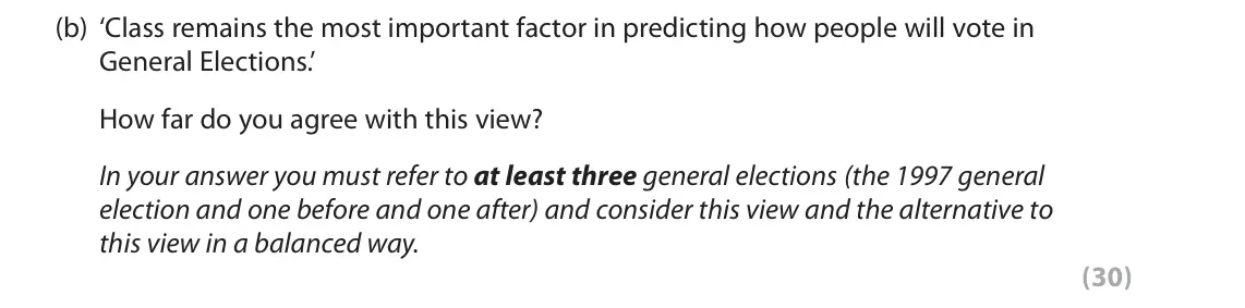 June 2019 AS Paper 1, question 4(b): ‘Class remains the most important factor in predicting how people will vote in General Elections.’ How far do you agree with this view? In your answer you must