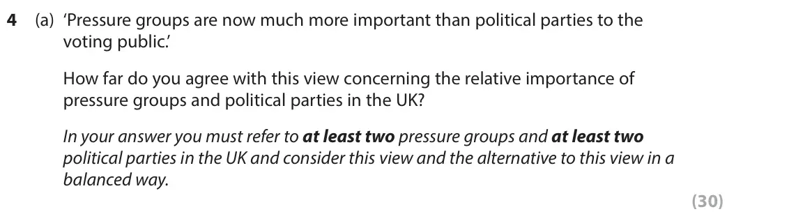 June 2022 AS Paper 1, question 4(a): ‘Pressure groups are now much more important than political parties to the voting public.’ How far do you agree with this view concerning the relative importanc