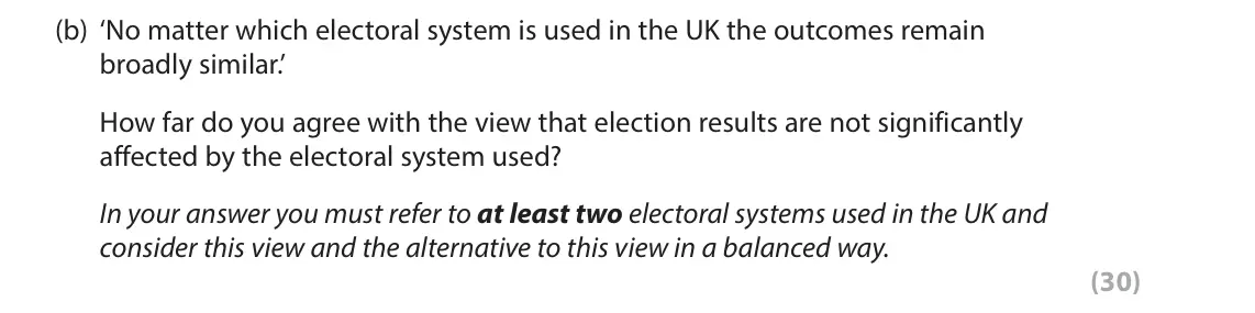 June 2022 AS Paper 1, question 4(b): ‘No matter which electoral system is used in the UK the outcomes remain broadly similar.’ How far do you agree with the view that election results are not signi