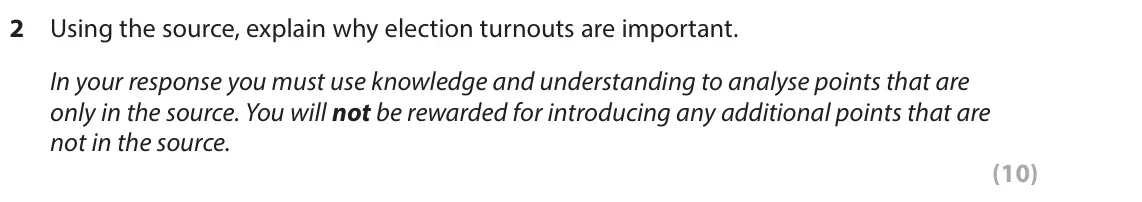 June 2023 AS Paper 1, question 2: Using the source, explain why election turnouts are important. In your response you must use knowledge and understanding to analyse points that are only in the