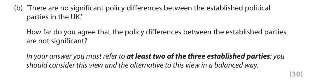 June 2023 AS Paper 1, question 4(b): ‘There are no significant policy differences between the established political parties in the UK.’ How far do you agree that the policy differences between the