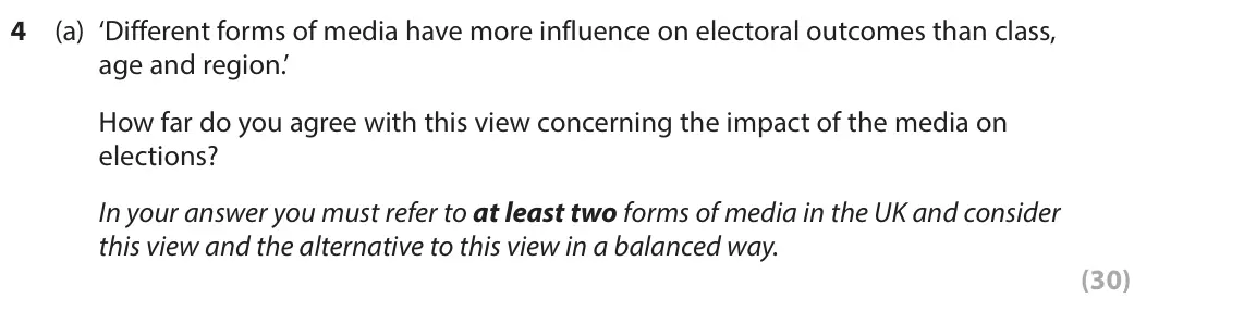 June 2024 AS Paper 1, question 4(a): ‘Different forms of media have more influence on electoral outcomes than class, age and region.’ How far do you agree with this view concerning the impact of th