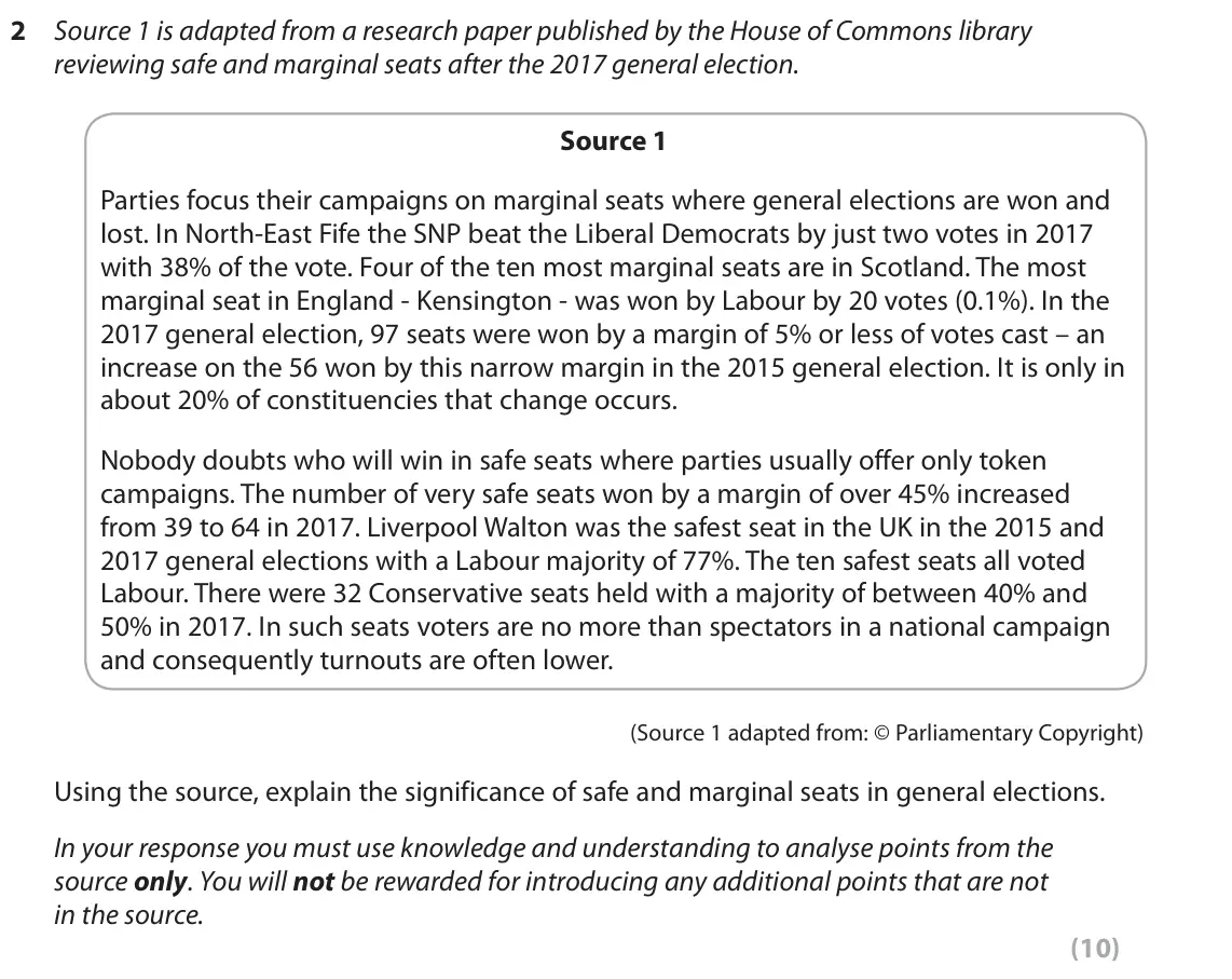 October 2020 AS Paper 1, question 2: Source 1 is adapted from a research paper published by the House of Commons library reviewing safe and marginal seats after the 2017 general election. Source 1 