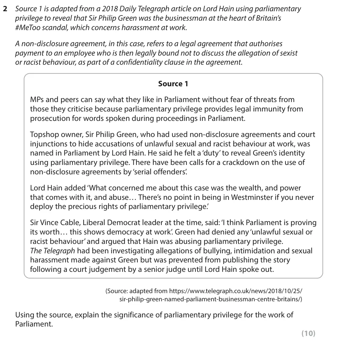 June 2022 AS Paper 2, question 2: Source 1 is adapted from a 2018 Daily Telegraph article on Lord Hain using parliamentary privilege to reveal that Sir Philip Green was the businessman at the he