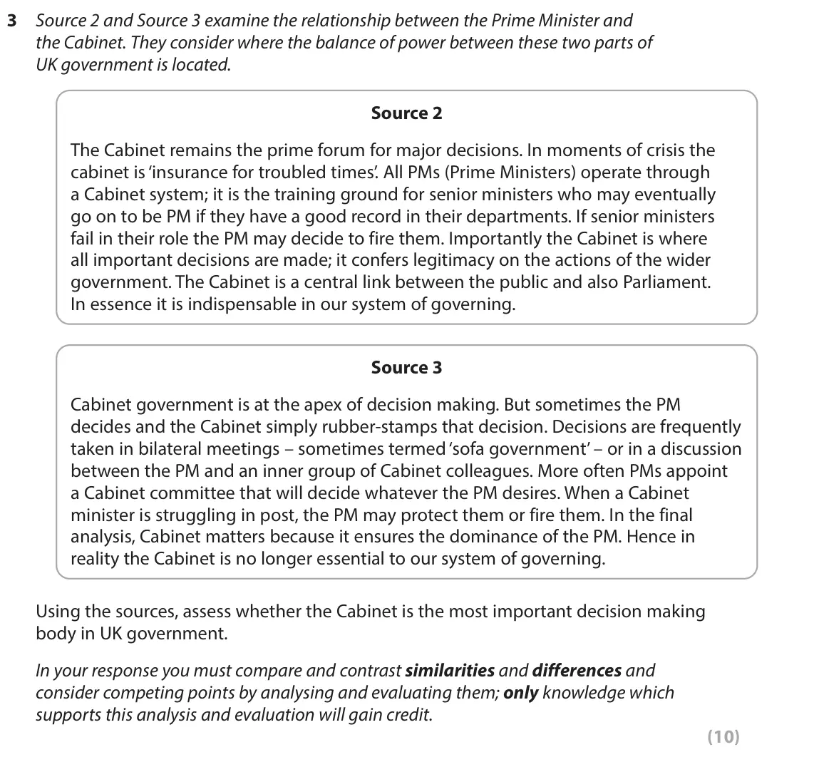 June 2022 AS Paper 2, question 3: Source 2 and Source 3 examine the relationship between the Prime Minister and the Cabinet. They consider where the balance of power between these two parts of U