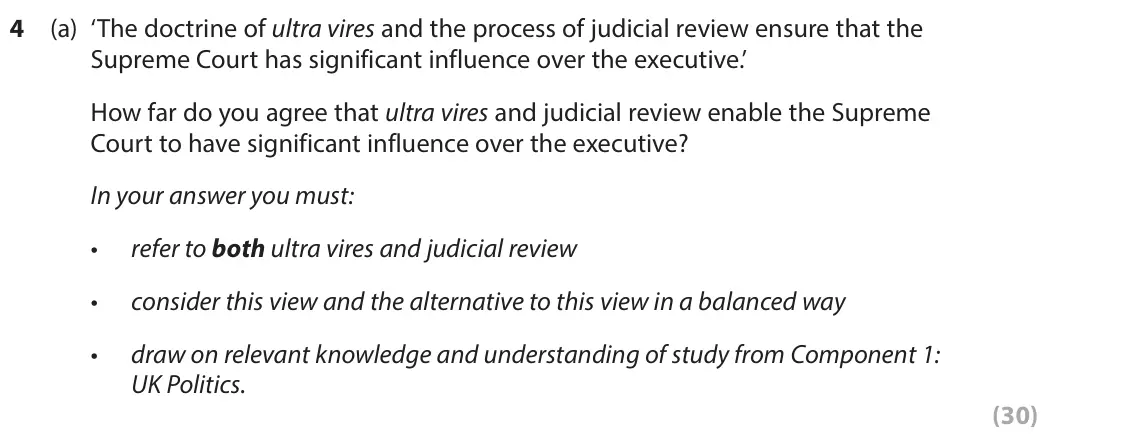 June 2024 AS Paper 2, question 4(a): ‘The doctrine of ultra vires and the process of judicial review ensure that the Supreme Court has significant influence over the executive.’ How far do you agre