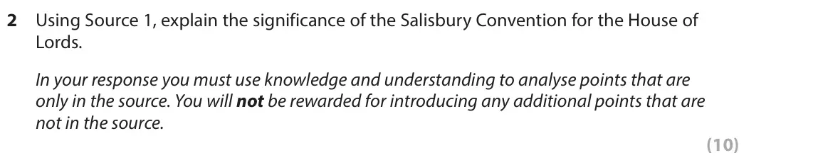 June 2025 AS Paper 2, question 2: Using Source 1, explain the significance of the Salisbury Convention for the House of Lords. In your response you must use knowledge and understanding to analys
