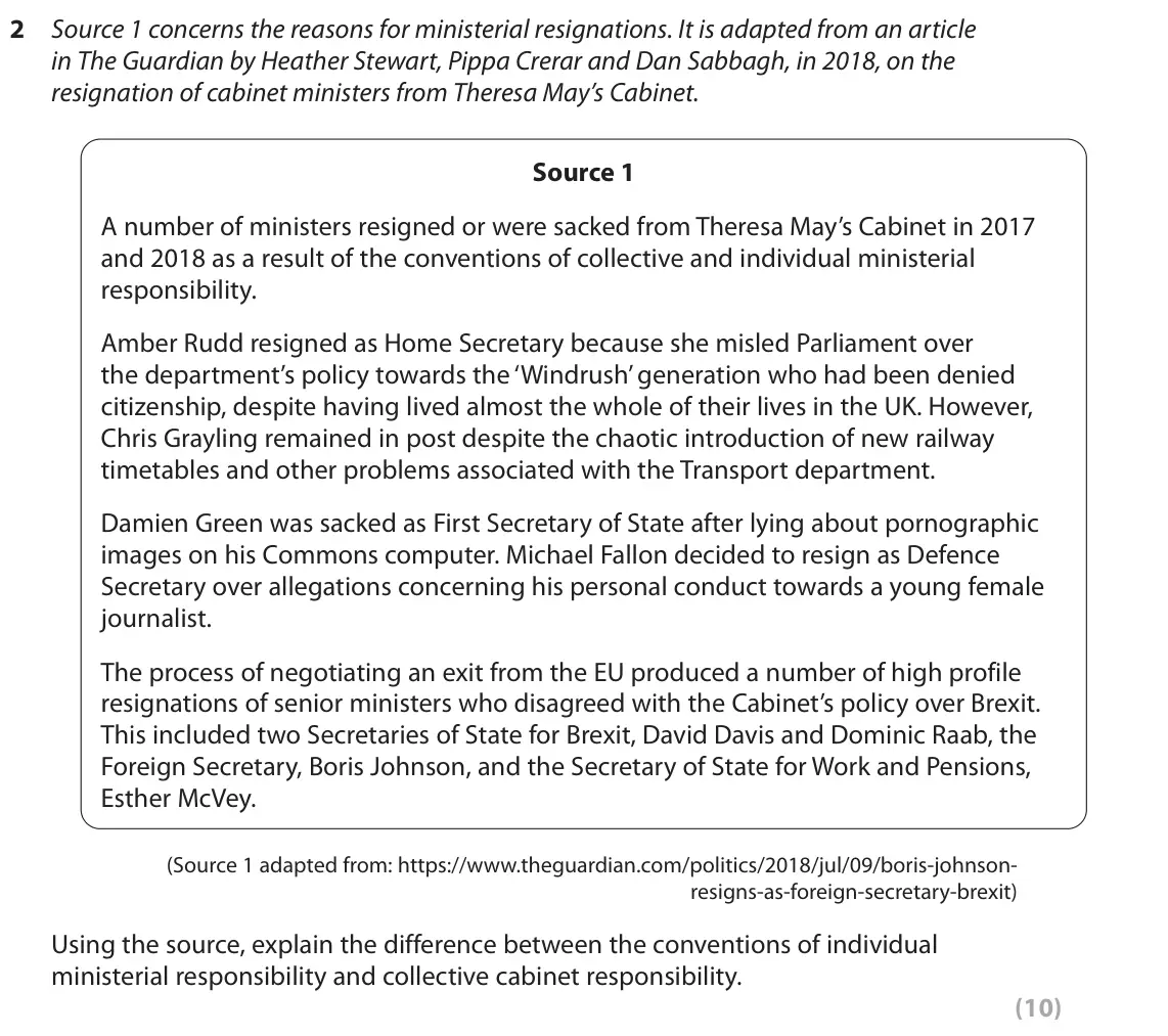 October 2020 AS Paper 2, question 2: Source 1 concerns the reasons for ministerial resignations. It is adapted from an article in The Guardian by Heather Stewart, Pippa Crerar and Dan Sabbagh, in 2