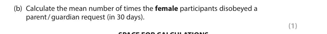 June 2023 AS Paper 1, question 4(b): Calculate the mean number of times the female participants disobeyed a parent / guardian request (in 30 days). (1) 4 Megan was interested in whether there was a