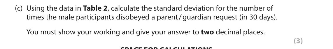 June 2023 AS Paper 1, question 4(c): Using the data in Table 2, calculate the standard deviation for the number of times the male participants disobeyed a parent / guardian request (in 30 days). Yo