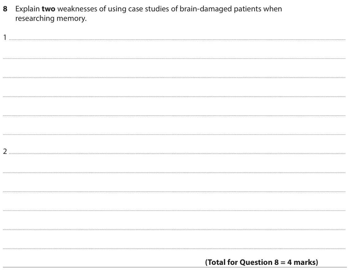 June 2023 AS Paper 1, question 8: Explain two weaknesses of using case studies of brain‑damaged patients when researching memory. 1 2