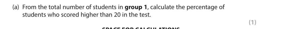 June 2023 AS Paper 1, question 9(a): From the total number of students in group 1, calculate the percentage of students who scored higher than 20 in the test. (1) 9 Stefan is a psychology teacher w