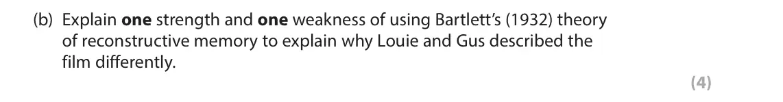 June 2024 AS Paper 1, question 7(b): Explain one strength and one weakness of using Bartlett’s (1932) theory of reconstructive memory to explain why Louie and Gus described the film differently. (4
