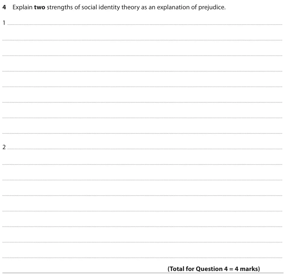 June 2025 AS Paper 1, question 4: Explain two strengths of social identity theory as an explanation of prejudice. 1 2