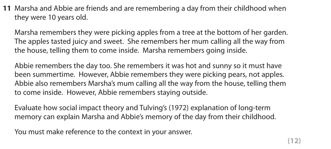 June 2025 AS Paper 1, question 11: Marsha and Abbie are friends and are remembering a day from their childhood when they were 10 years old. Marsha remembers they were picking apples from a tree a