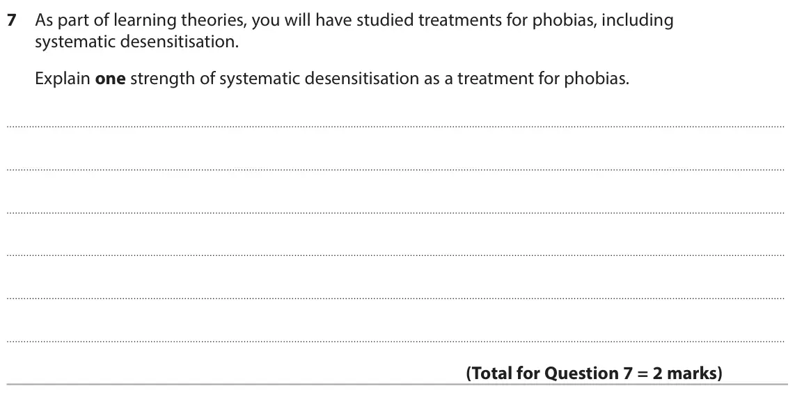 June 2024 AS Paper 2, question 7: As part of learning theories, you will have studied treatments for phobias, including systematic desensitisation. Explain one strength of systematic desensitisa