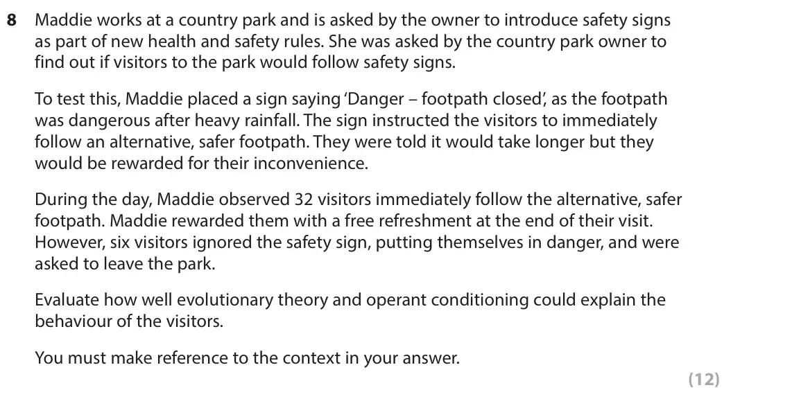 June 2025 AS Paper 2, question 8: Maddie works at a country park and is asked by the owner to introduce safety signs as part of new health and safety rules. She was asked by the country park own