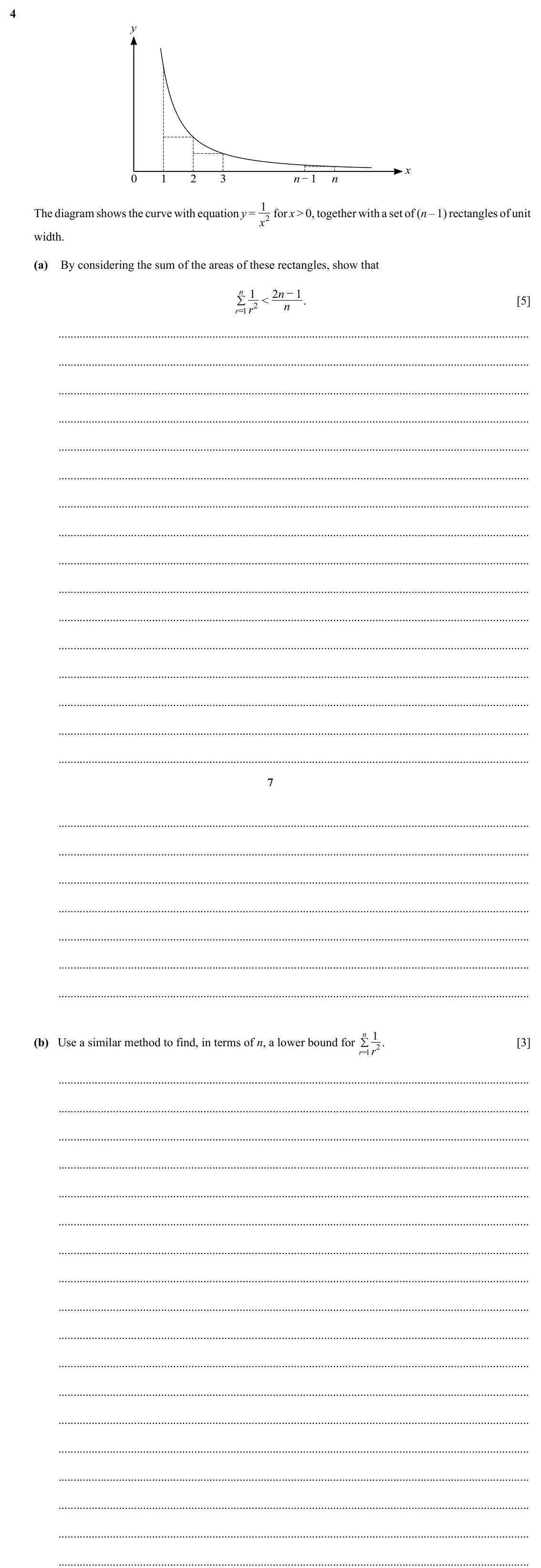 Specimen Paper 2, question 4: y x 0 1 2 3 n − 1 n 1 The diagram shows the curve with equation y = x 2 for x > 0, together with a set of (n – 1) rectangles of unit width. (a) By considering t