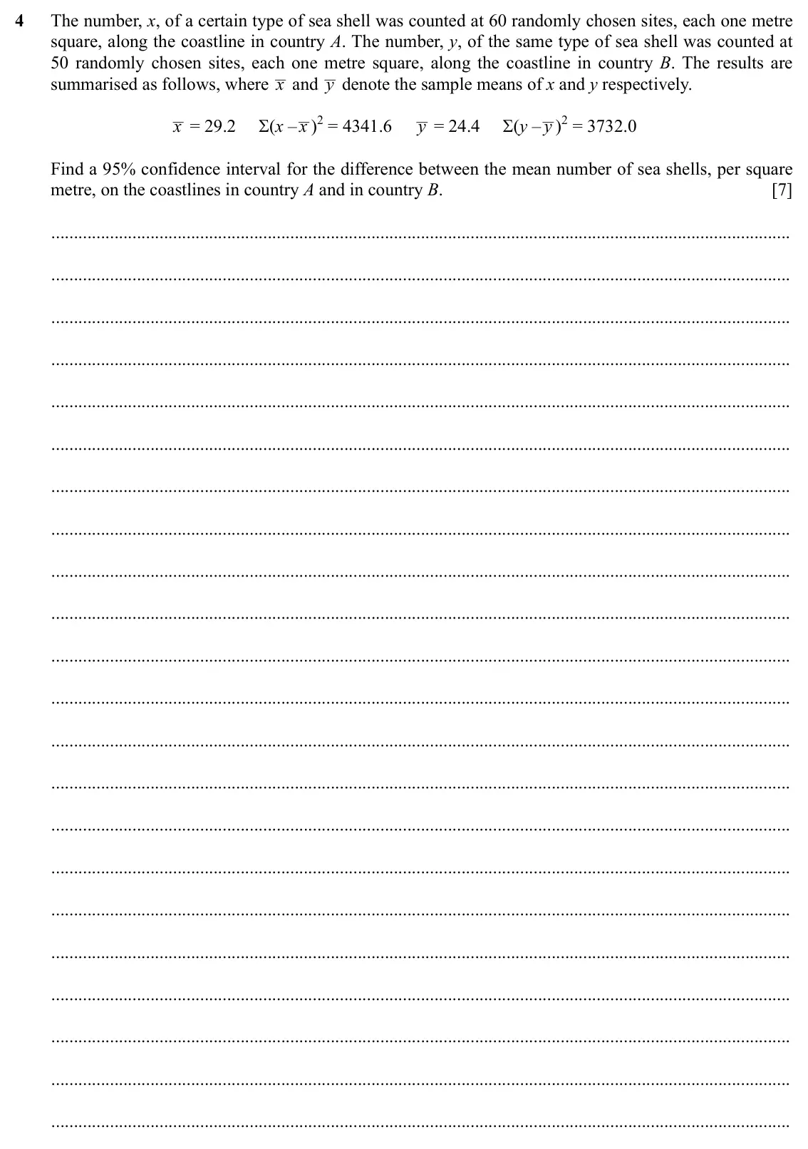 Specimen Paper 4, question 4: The number, x, of a certain type of sea shell was counted at 60 randomly chosen sites, each one metre square, along the coastline in country A. The number, y, o