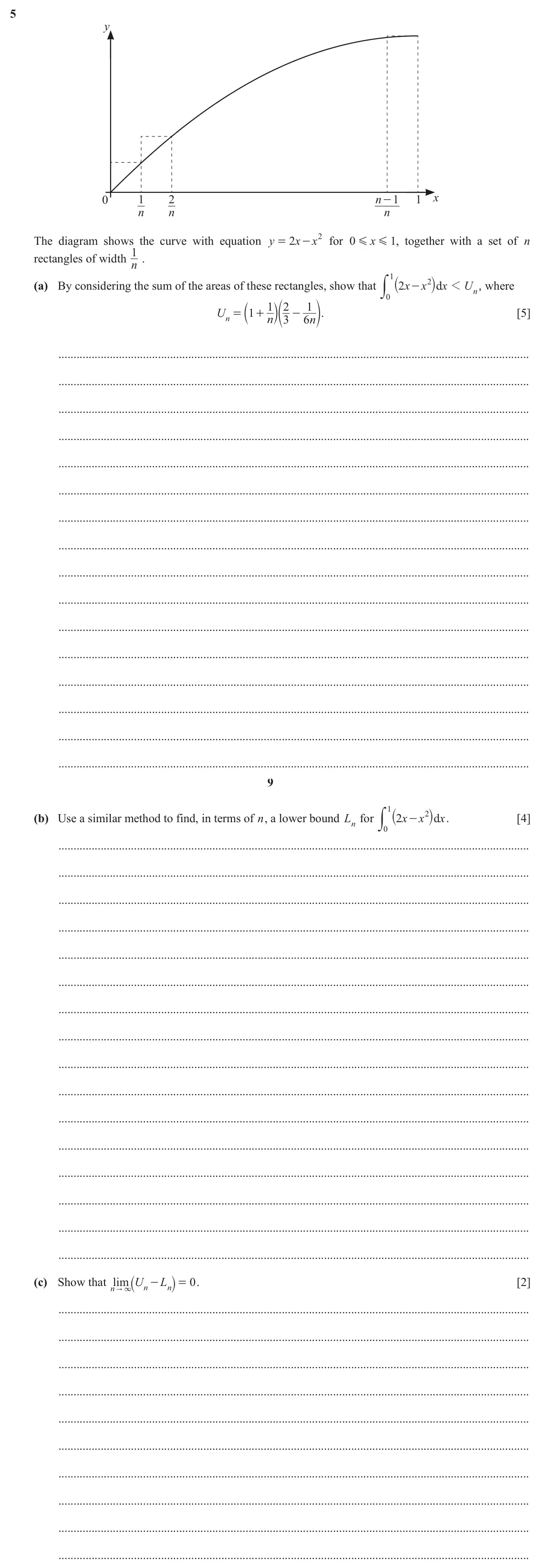 June 2024 Paper 2, question 5: y x 0 1 2 n 1 1 - n n n The diagram shows the curve with equation y 2 x x 2 for 0 x G , together with a set of n 1 = - G 1 . rectangles of width n y 1 ` j (a) B