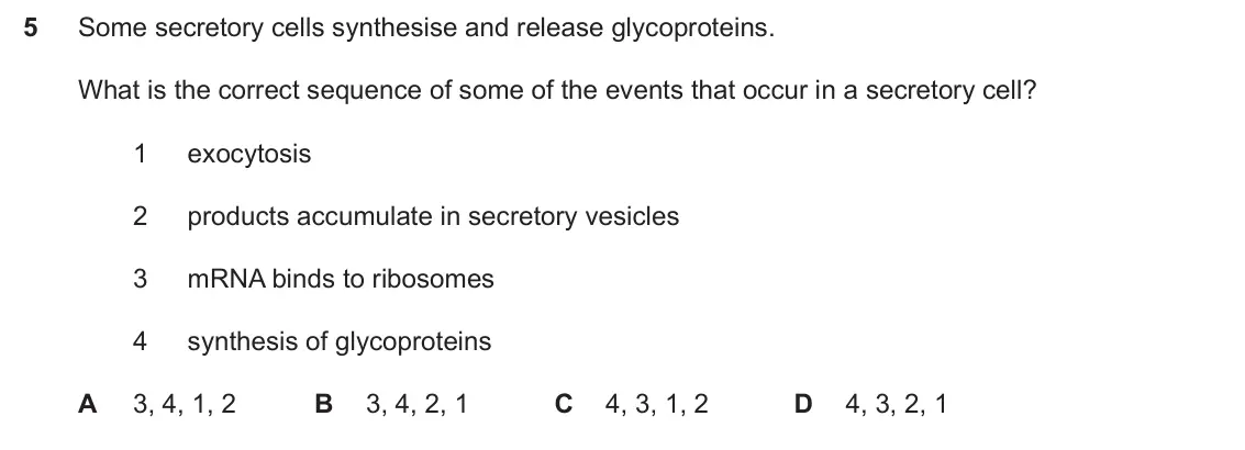 Specimen Paper 1, question 5: Some secretory cells synthesise and release glycoproteins. What is the correct sequence of some of the events that occur in a secretory cell? 1 exocytosis 2 pro