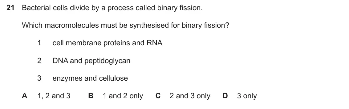 Specimen Paper 1, question 21: Bacterial cells divide by a process called binary fission. Which macromolecules must be synthesised for binary fission? 1 cell membrane proteins and RNA 2 DNA a