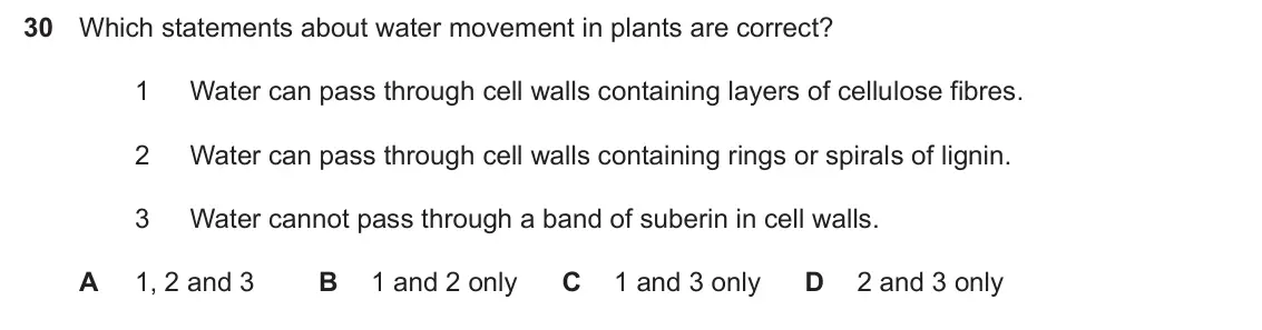 Specimen Paper 1, question 30: Which statements about water movement in plants are correct? 1 Water can pass through cell walls containing layers of cellulose fibres. 2 Water can pass through