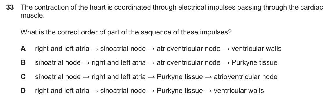 Specimen Paper 1, question 33: The contraction of the heart is coordinated through electrical impulses passing through the cardiac muscle. What is the correct order of part of the sequence of