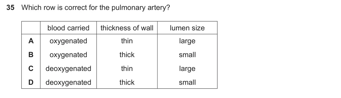 Specimen Paper 1, question 35: Which row is correct for the pulmonary artery? blood carried thickness of wall lumen size A oxygenated thin large B oxygenated thick small C deoxygenated thin l