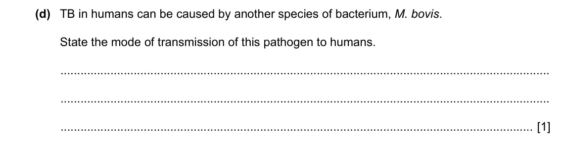 Specimen Paper 2, question 2(d): TB in humans can be caused by another species of bacterium, M. bovis. State the mode of transmission of this pathogen to humans. [1]