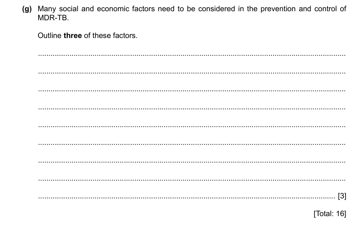 Specimen Paper 2, question 2(g): Many social and economic factors need to be considered in the prevention and control of MDR-TB. Outline three of these factors. [3] [Total: 16]
