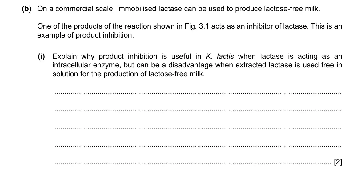 Specimen Paper 2, question 3(b)(i): Explain why product inhibition is useful in K. lactis when lactase is acting as an intracellular enzyme, but can be a disadvantage when extracted lactase is use
