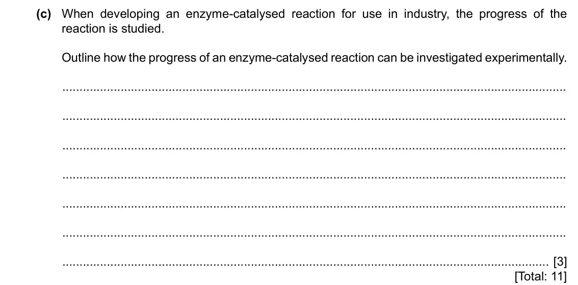 Specimen Paper 2, question 3(c): When developing an enzyme-catalysed reaction for use in industry, the progress of the reaction is studied. Outline how the progress of an enzyme-catalysed react
