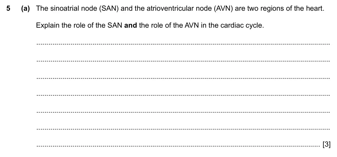 Specimen Paper 2, question 5(a): The sinoatrial node (SAN) and the atrioventricular node (AVN) are two regions of the heart. Explain the role of the SAN and the role of the AVN in the cardiac c