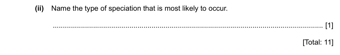 Specimen Paper 4, question 1(b)(ii): Name the type of speciation that is most likely to occur. [1] [Total: 11]