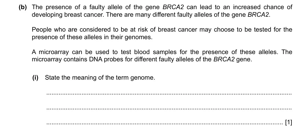 Specimen Paper 4, question 4(b)(i): State the meaning of the term genome. [1]